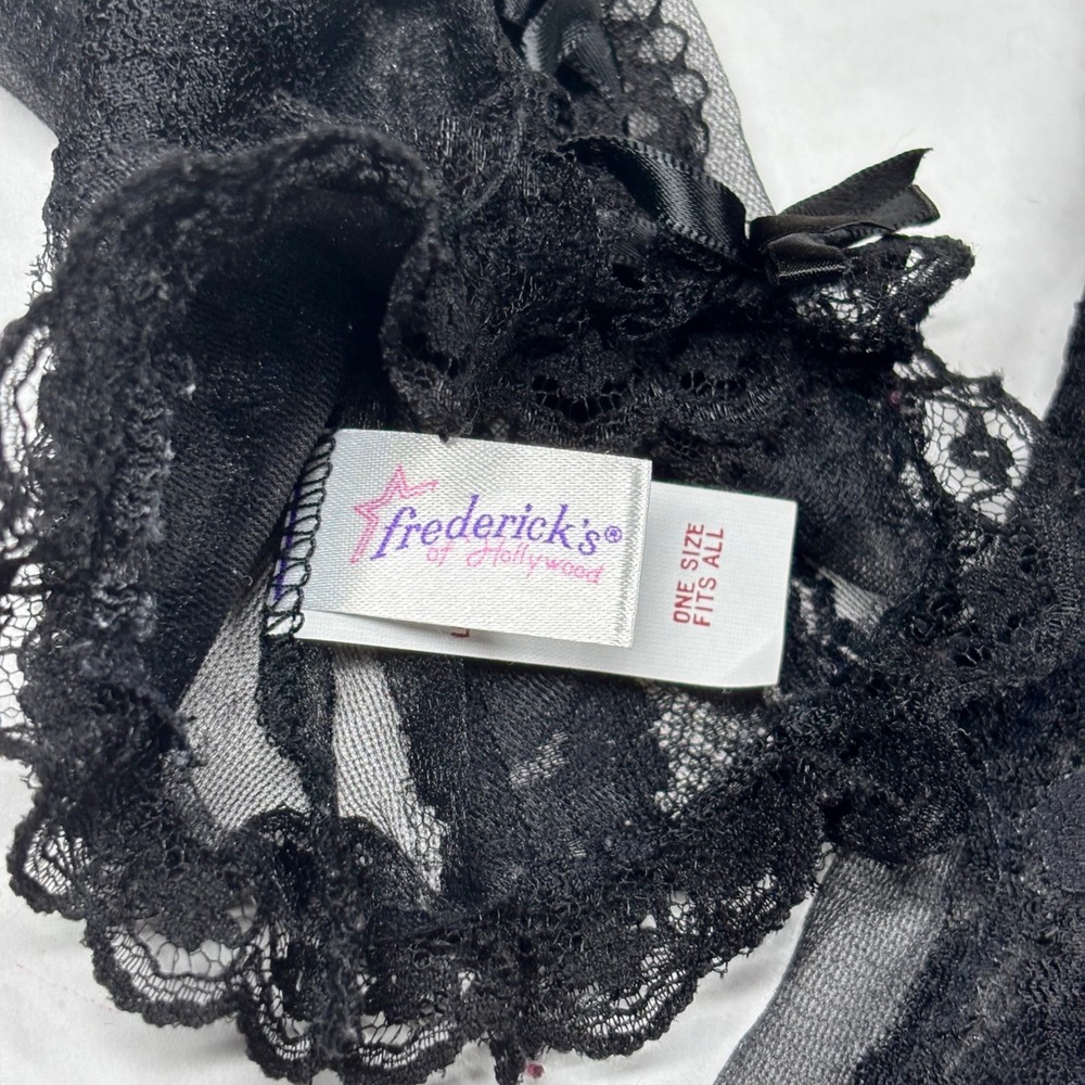 VTG‎ Frederick's of Hollywood Black Lace Fingerless Gloves Bows S-2XL Nylon EUC - Picture 3 of 6